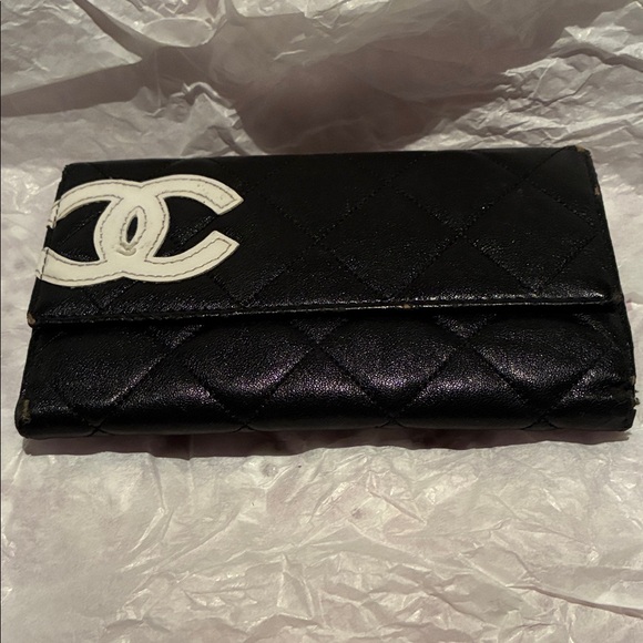CHANEL Handbags - Chanel Black Quilted Wallet with White Logo